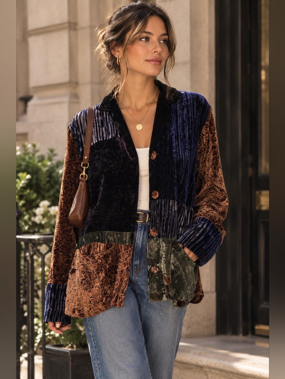 Vtg Chicos Women M Velvet Patchwork Cardigan Jumper Burnout Beaded Classic